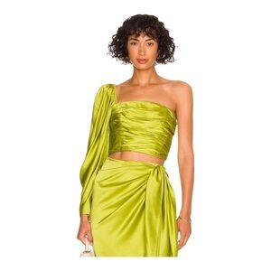 NEW Aiifos Pia Top One Shoulder Cropped Blouse Long Sleeve Silky Satin Fabric XS